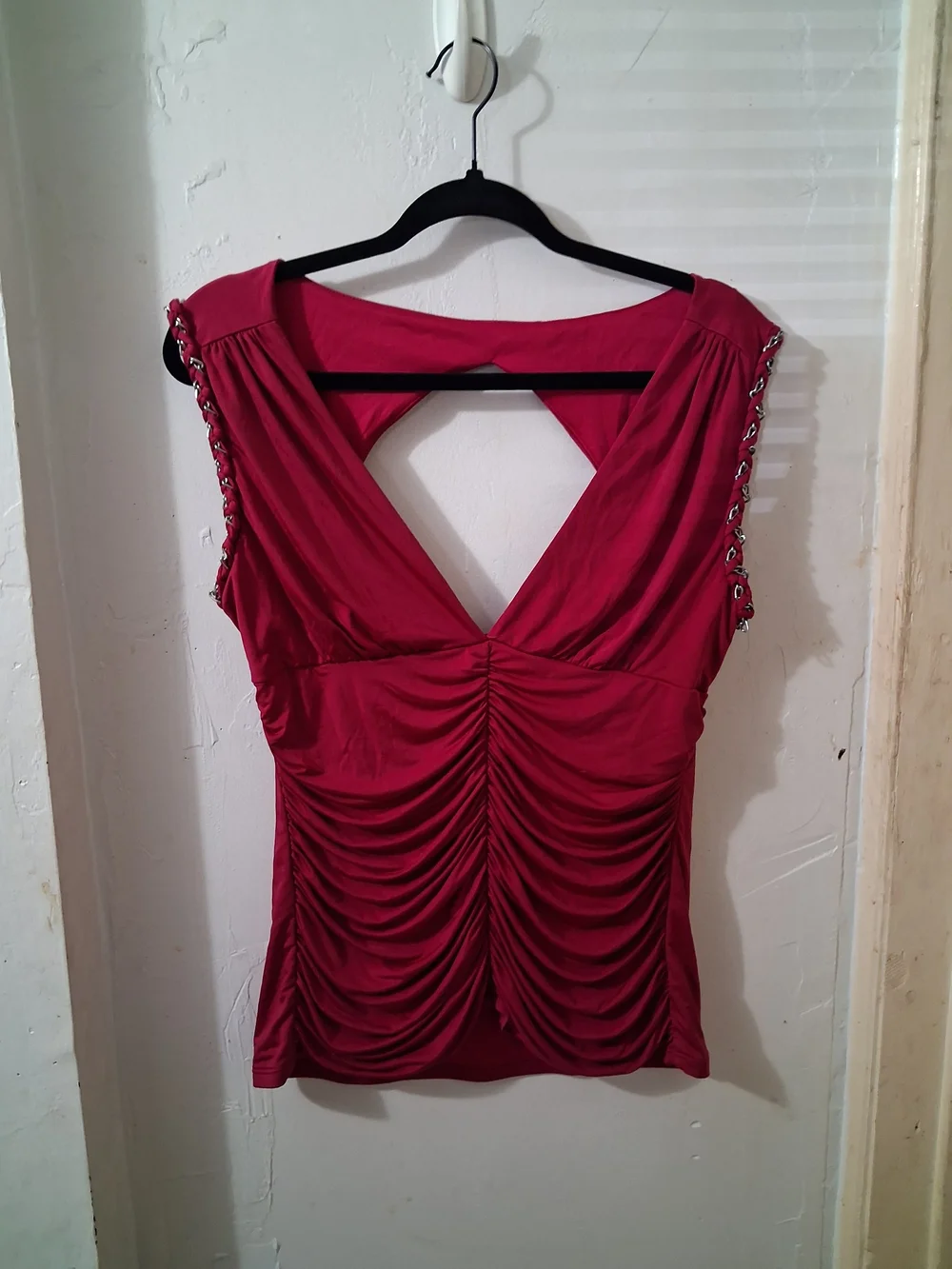 Ruched Deep Pink V-Neck Sleeveless Blouse with Grommet Detail - Picture 1 of 6
